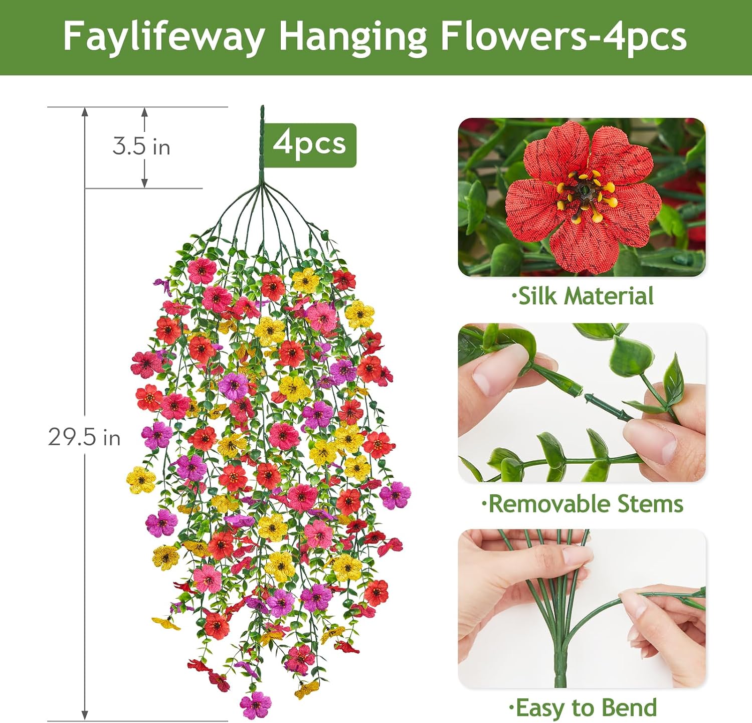 Aldernest 4PCS UV Resistant Silk Artificial Hanging Flowers for Outdoors, Summer Color