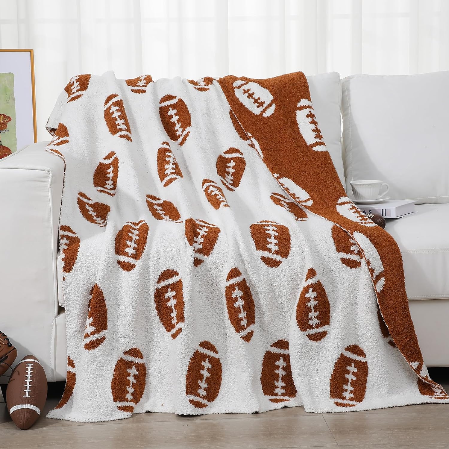 Ashenby 50 x 60 Inch Football Knit Throw Blanket, Reversible Brown White, 2 pounds, Brown and White