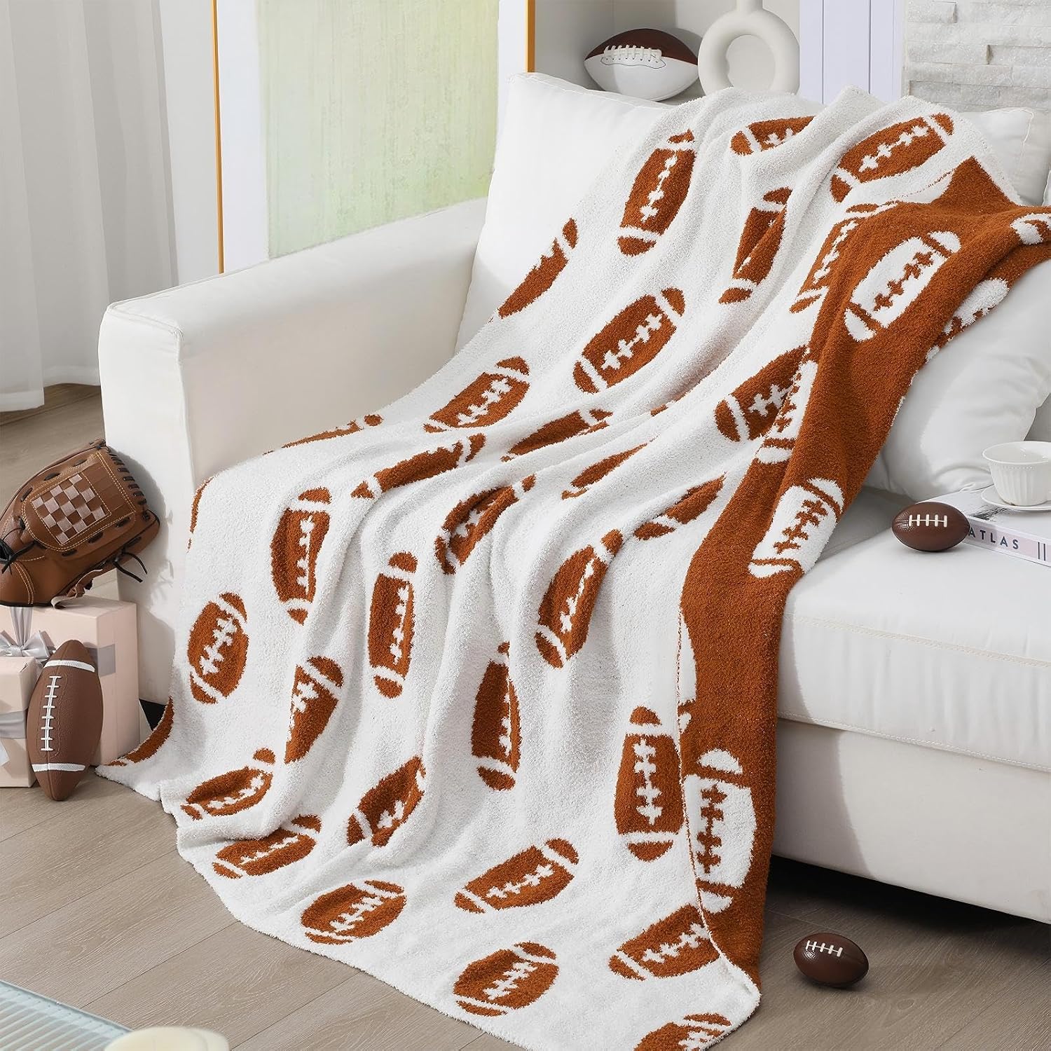 Ashenby 50 x 60 Inch Football Knit Throw Blanket, Reversible Brown White, 2 pounds, Brown and White