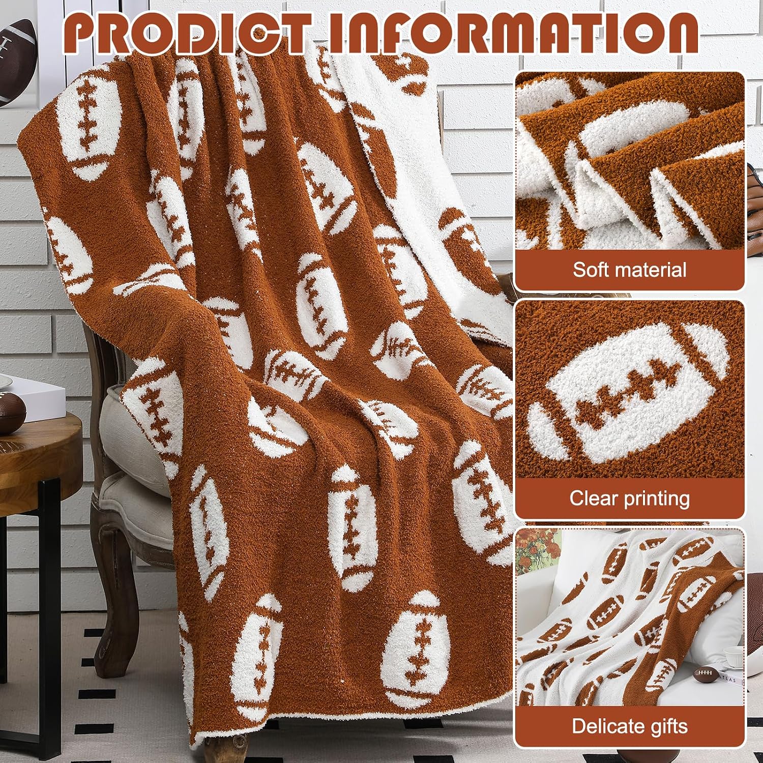 Ashenby 50 x 60 Inch Football Knit Throw Blanket, Reversible Brown White, 2 pounds, Brown and White