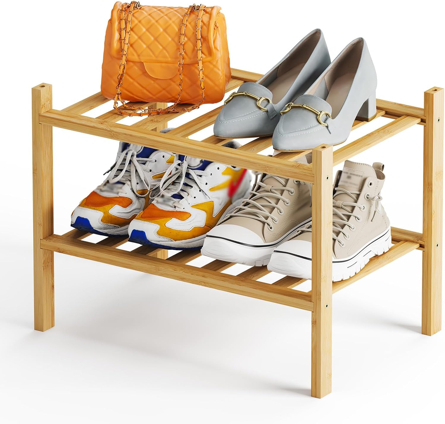 Ashenby 2-Tier Bamboo Small Shoe Rack Premium Stackable Shoe Shelf Storage Organizer for Hallway Closet Living Room Entryway Organizer