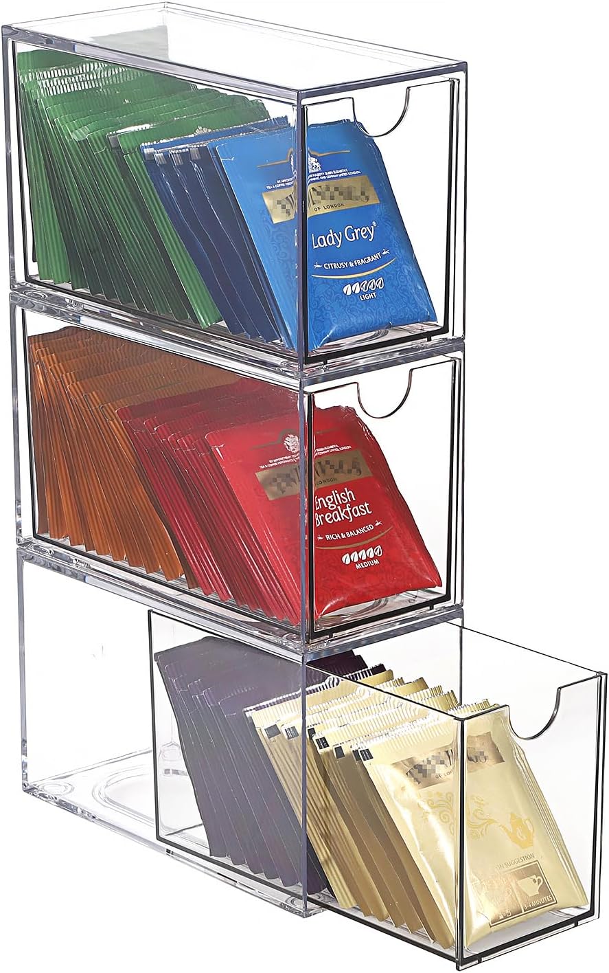 Ashenby 3 Drawers Tea Bag Organizer, Clear Acrylic Stackable Tea Bag Storage Holder for Kitchen Pantry, 830 g