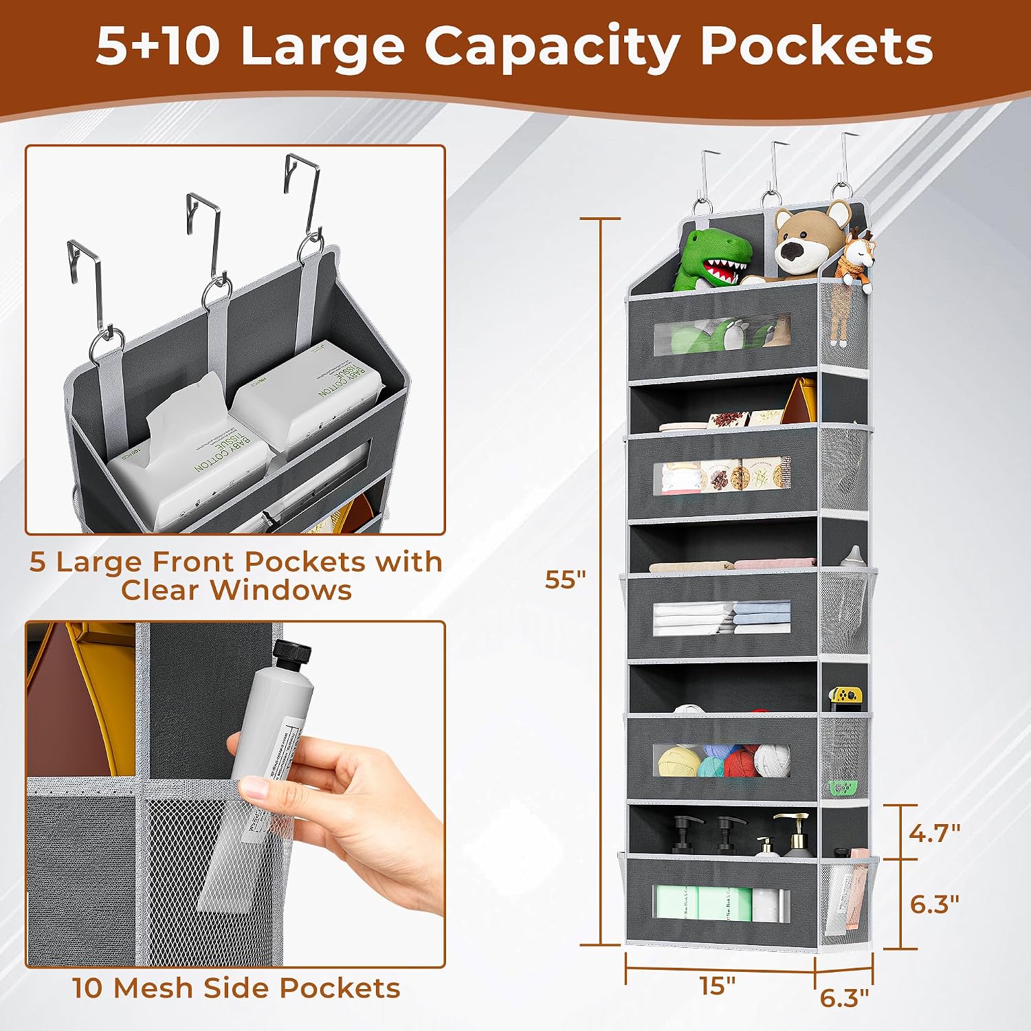 Aldernest 2 Pack 5 Tier Over the Door Organizer for Bathroom, Bedroom, Pantry, Grey, 3.3 pounds