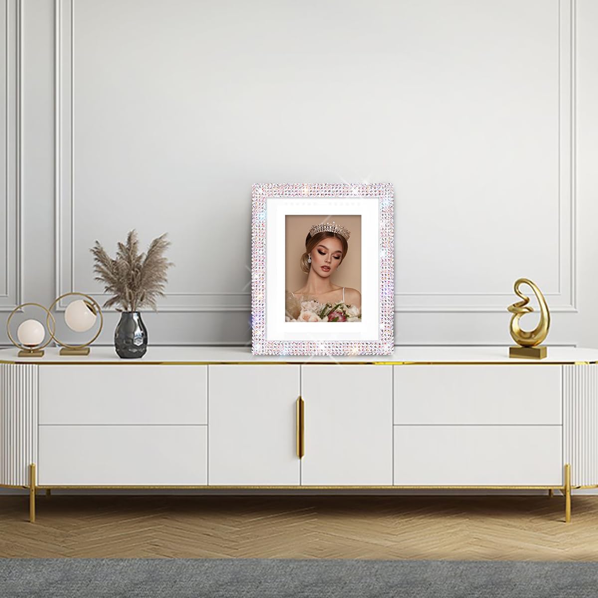 Aldernest 8x10 Bling Picture Frame, Display Pictures 5x7 with Mat or 8x10 Without Mat, 0.45 kg, bling silver