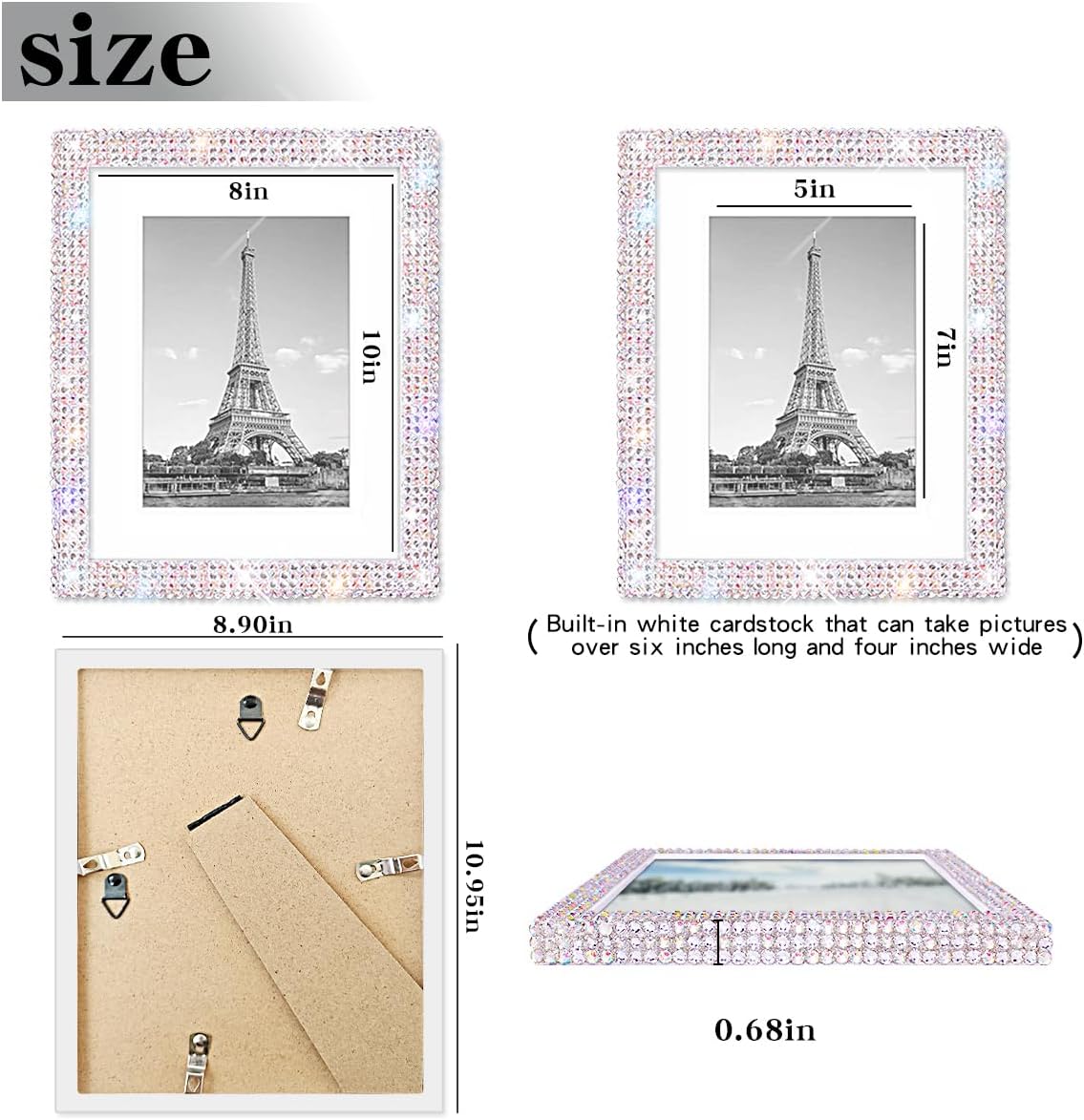 Aldernest 8x10 Bling Picture Frame, Display Pictures 5x7 with Mat or 8x10 Without Mat, 0.45 kg, bling silver