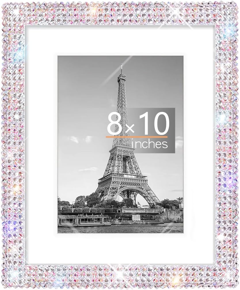Aldernest 8x10 Bling Picture Frame, Display Pictures 5x7 with Mat or 8x10 Without Mat, 0.45 kg, bling silver