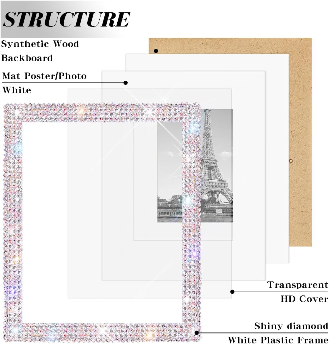 Aldernest 8x10 Bling Picture Frame, Display Pictures 5x7 with Mat or 8x10 Without Mat, 0.45 kg, bling silver