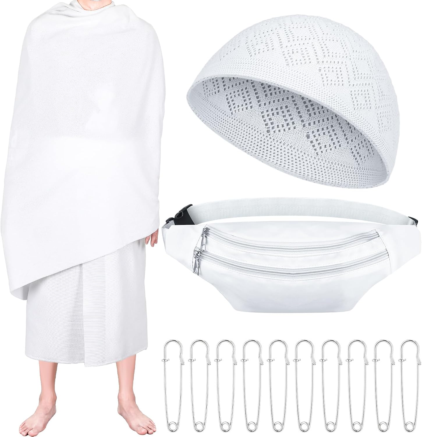 Ashenby 14 Pcs Ihram for Umrah Men Towel Waist Belt Hat Pins, L Size, 1.9 pounds, Mainly White