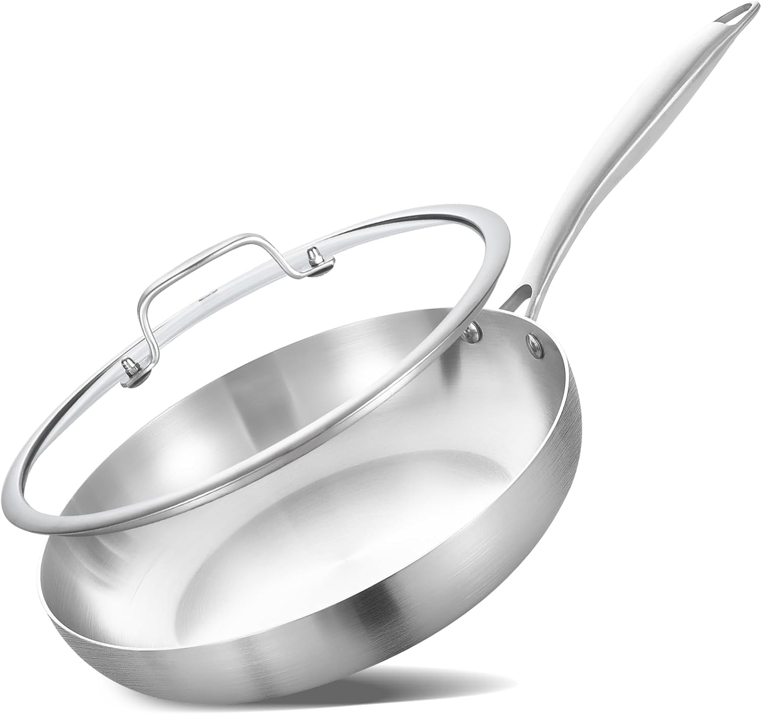 Barleyfield 8'' Tri-Ply Stainless Steel Pan with Lid | Small Egg Omelet Pan, 3 pounds, Silver