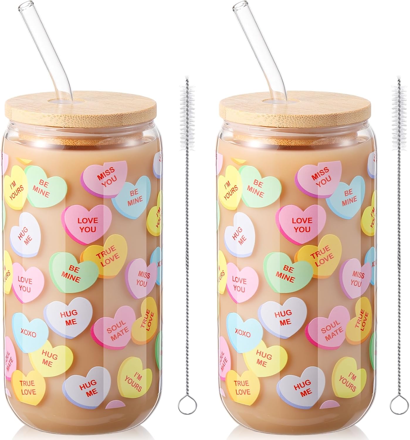 Ashenby 2 Pcs 16 oz Valentine's Day Cups Conversation Heart Glass Tumbler, Vivid Colors