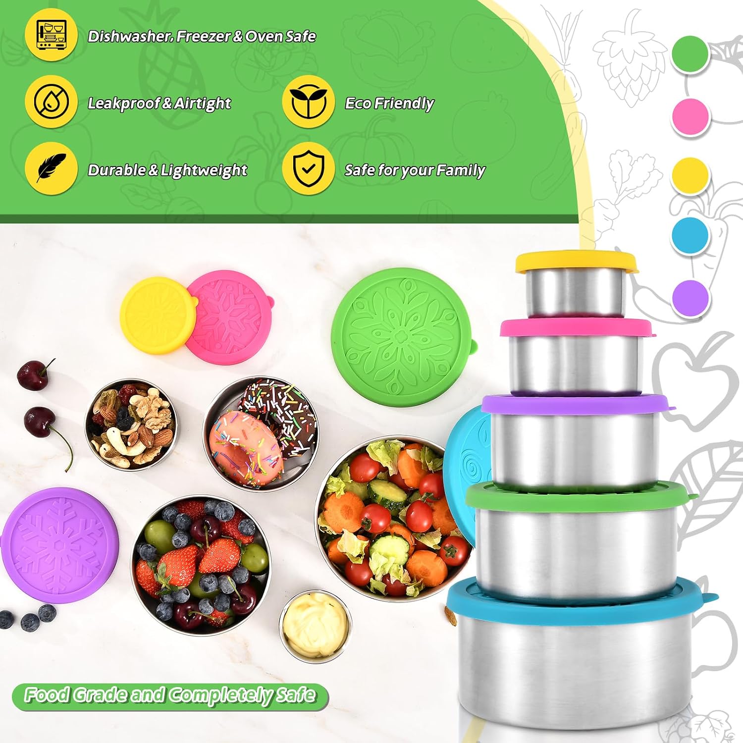 Ashenby 304 Stainless Steel Snack Containers with Lids, 5-Pack (3 oz, 6 oz, 13 oz, 21 oz, 32 oz)