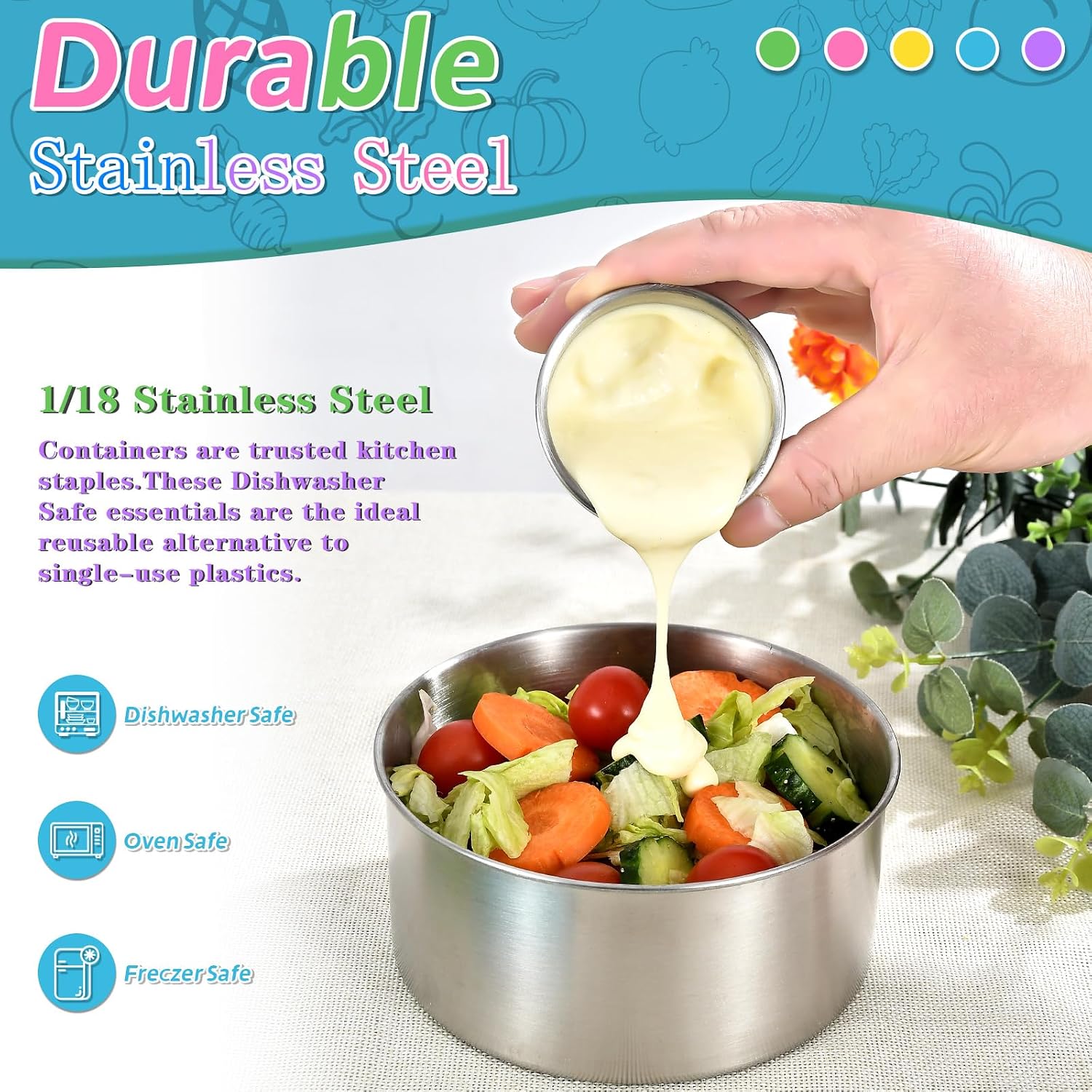 Ashenby 304 Stainless Steel Snack Containers with Lids, 5-Pack (3 oz, 6 oz, 13 oz, 21 oz, 32 oz)