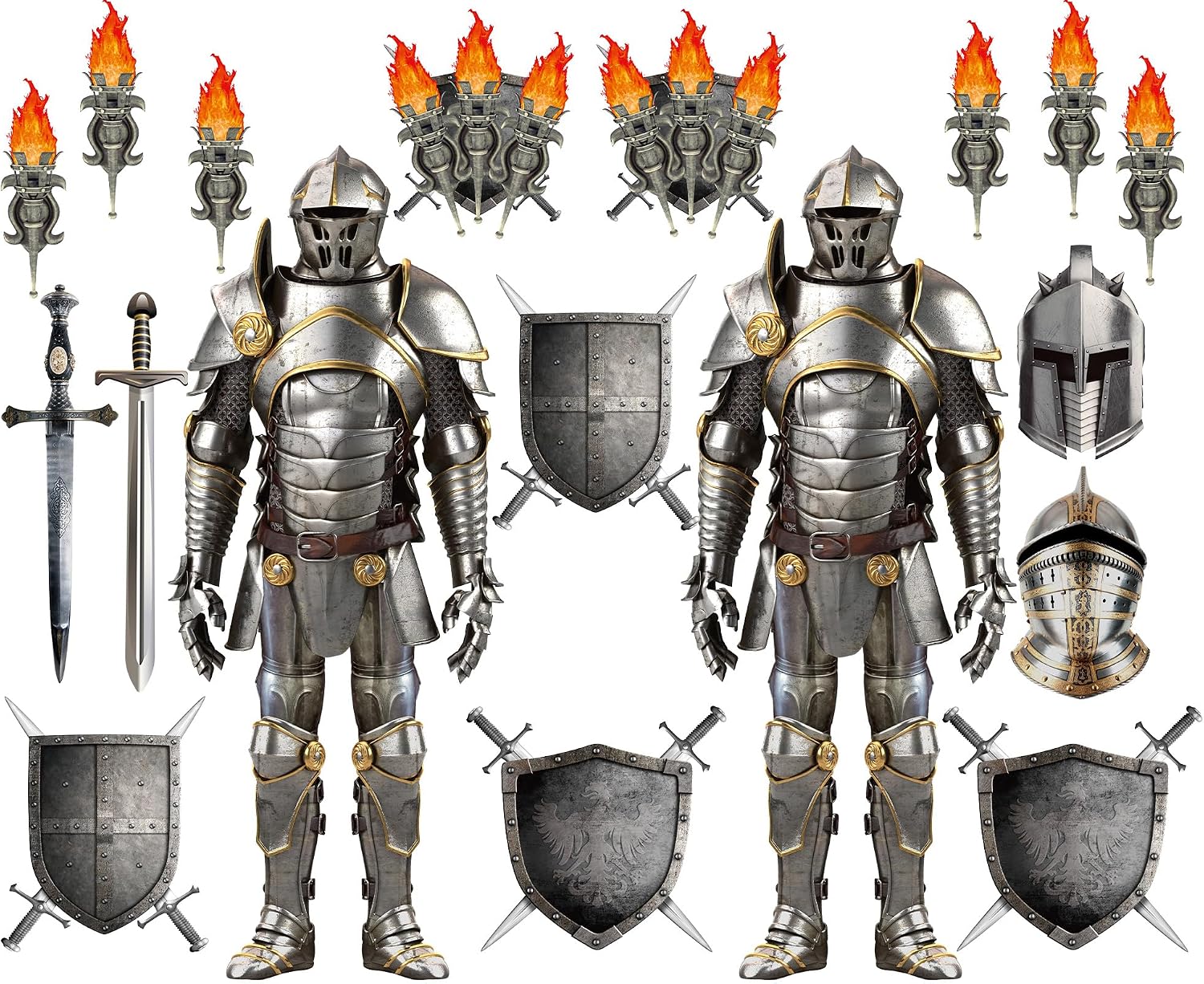 Birchmont 30 Pieces Medieval Party Decorations 6 Feet Jointed Suit of Armor Knight Cut Out Torch Props Medieval Shield Photo Prop for Birthday