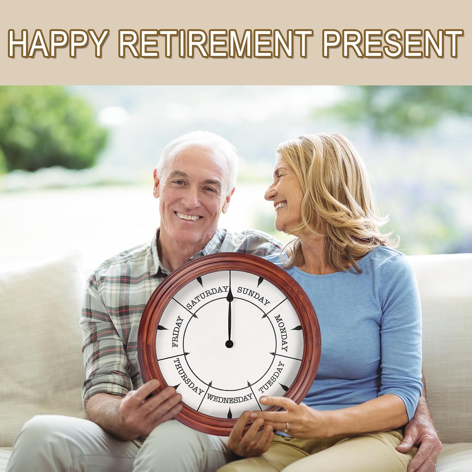Aldernest Day of The Week Clock 14Inch Retirement Wall Clock with Wood Frame, Dark Reddish Brown