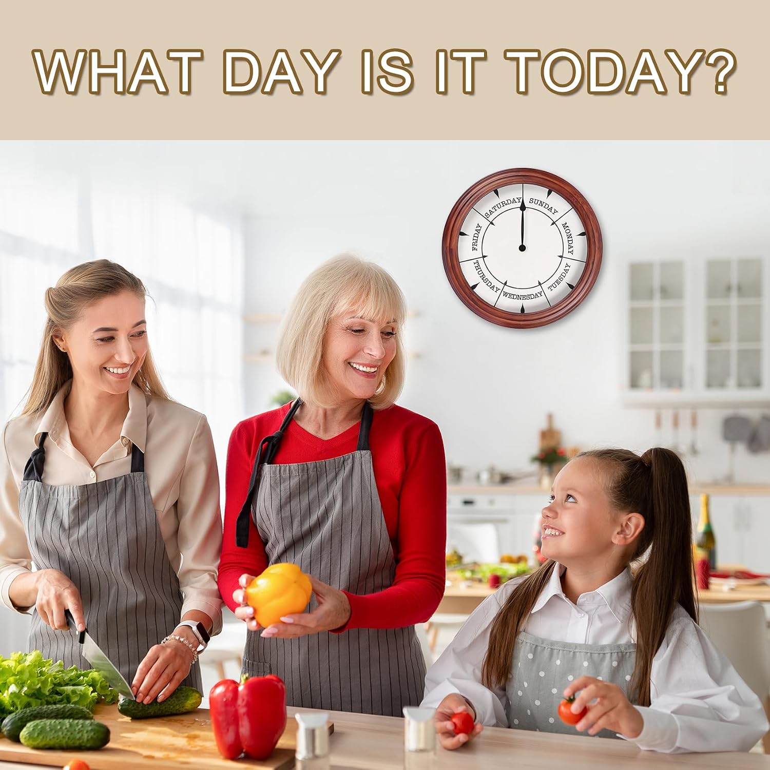 Aldernest Day of The Week Clock 14Inch Retirement Wall Clock with Wood Frame, Dark Reddish Brown