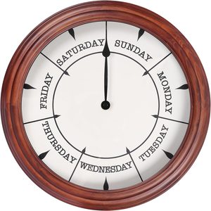 Aldernest Day of The Week Clock 14Inch Retirement Wall Clock with Wood Frame, Dark Reddish Brown