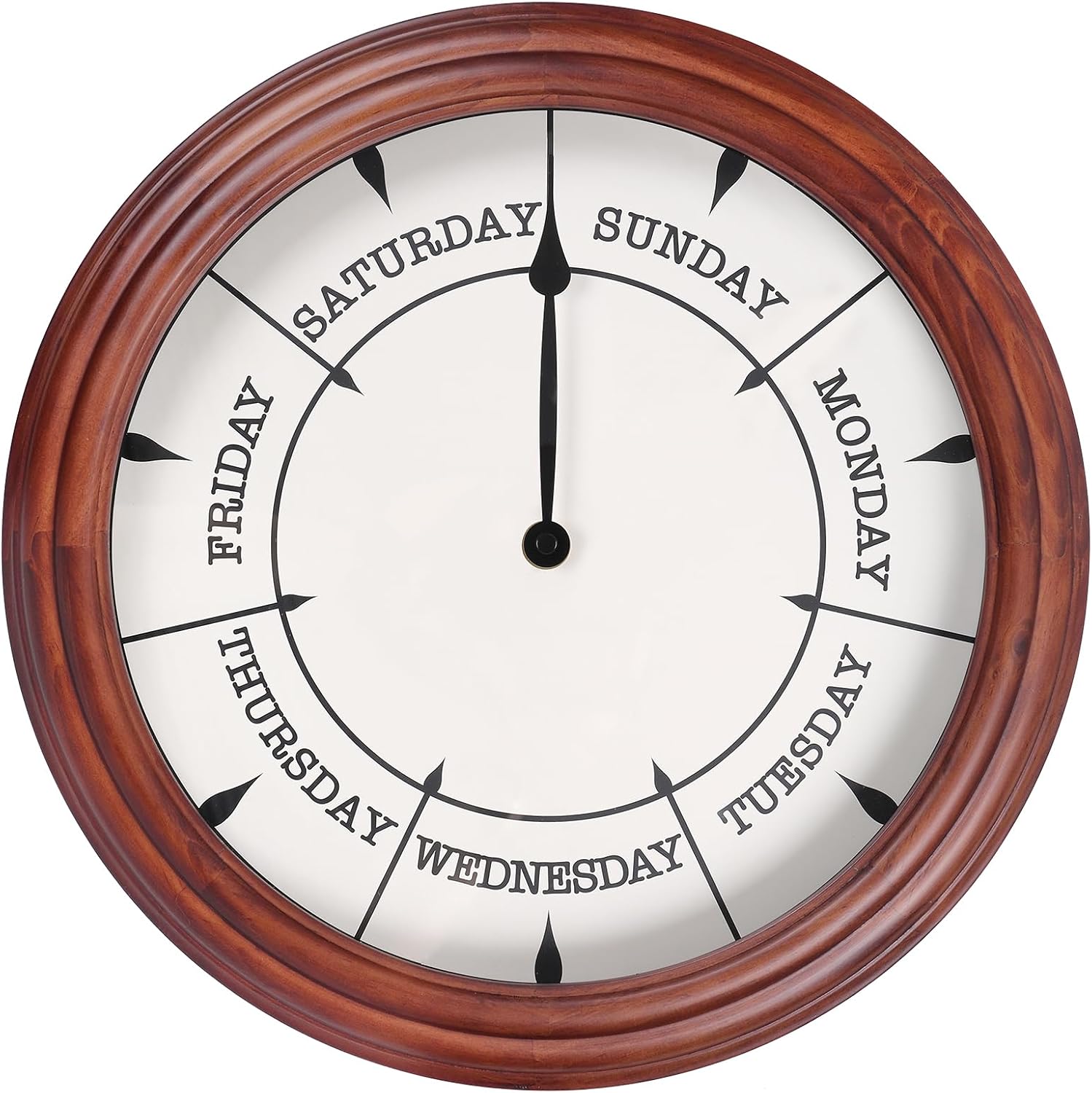 Aldernest Day of The Week Clock 14Inch Retirement Wall Clock with Wood Frame, Dark Reddish Brown