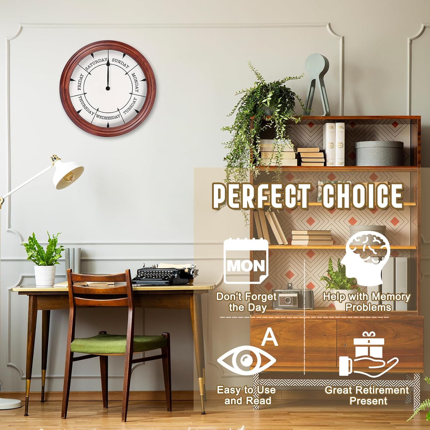 Aldernest Day of The Week Clock 14Inch Retirement Wall Clock with Wood Frame, Dark Reddish Brown