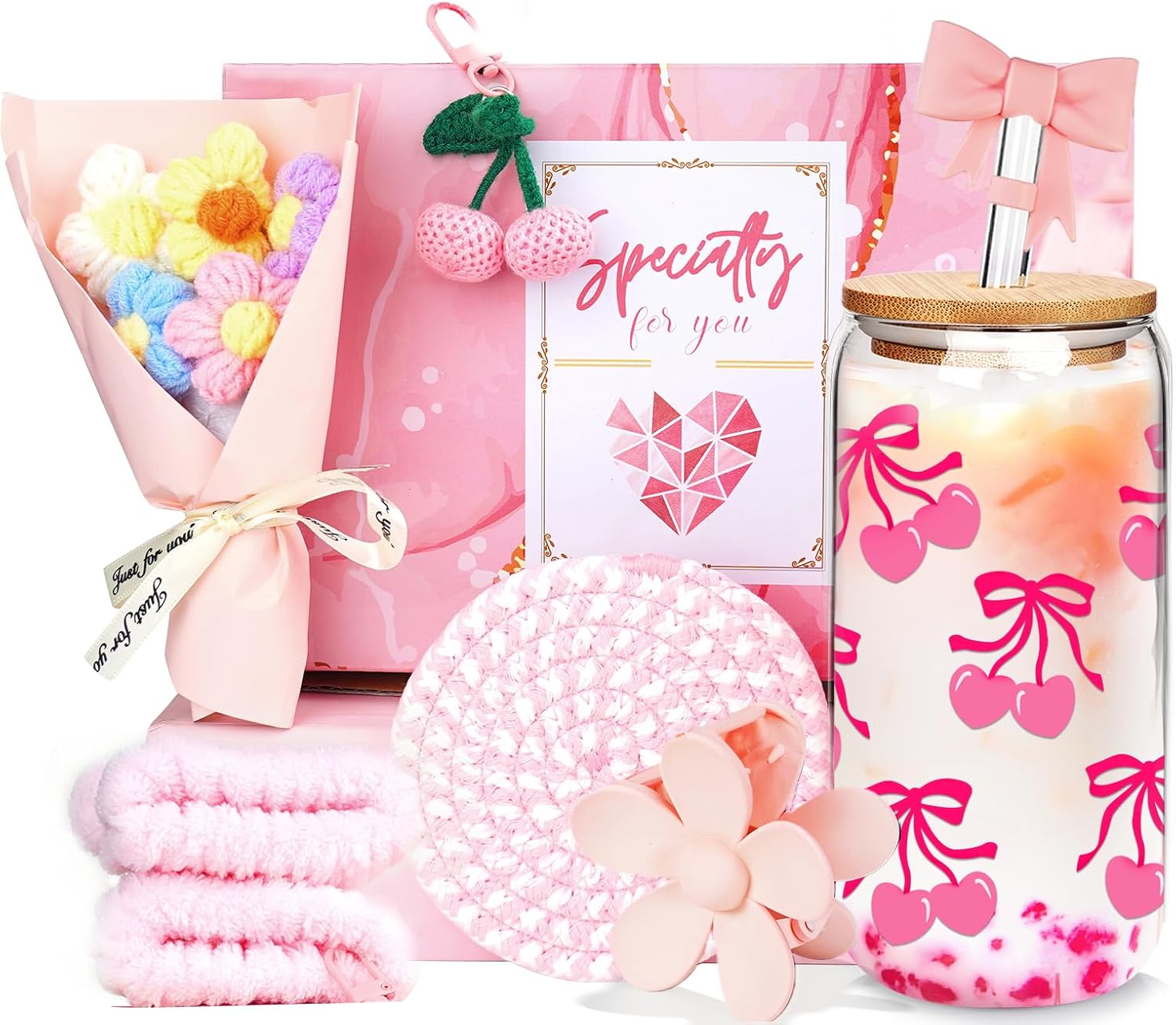 Aldernest 9Pcs Birthday Gifts Box for Teen Girl Cute Cherry Bow Aesthetic Gift Set, 0.64 kg, 18 Ounces, Pink-cherry