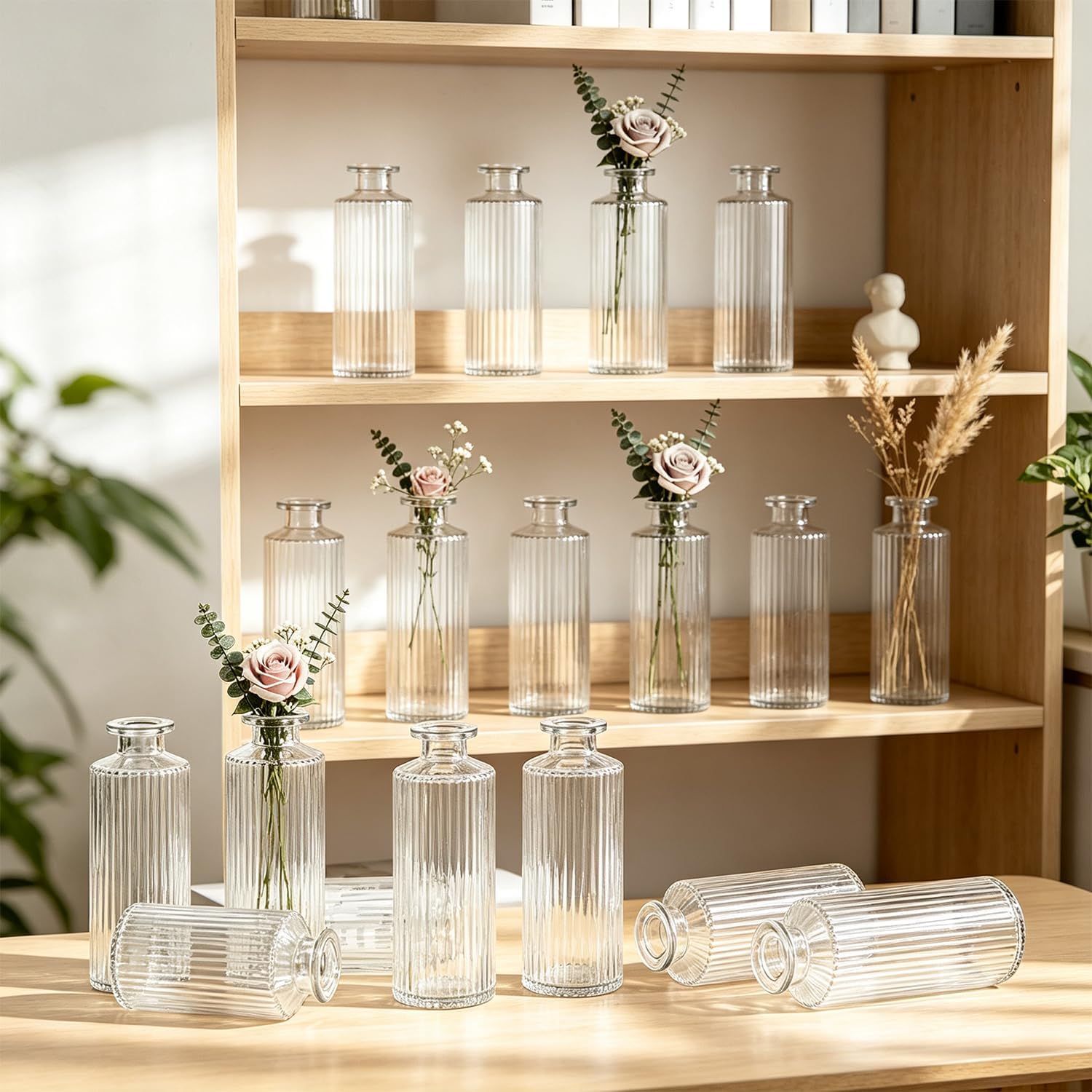 Aldernest 12‑Pack 5.2 Inch Clear Glass Bud Vases, Fluted Ribbed Small Flower Vase Set
