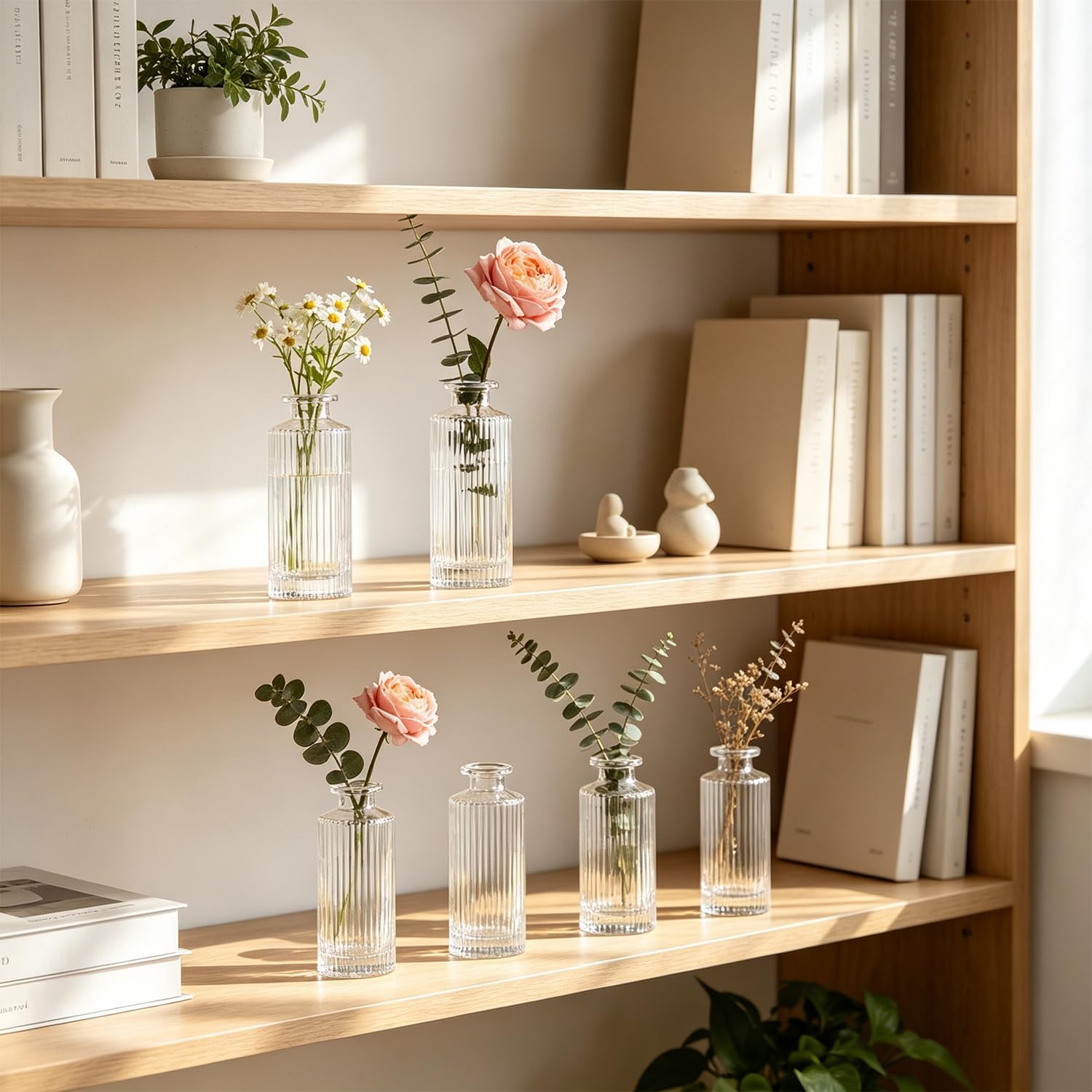 Aldernest 12‑Pack 5.2 Inch Clear Glass Bud Vases, Fluted Ribbed Small Flower Vase Set