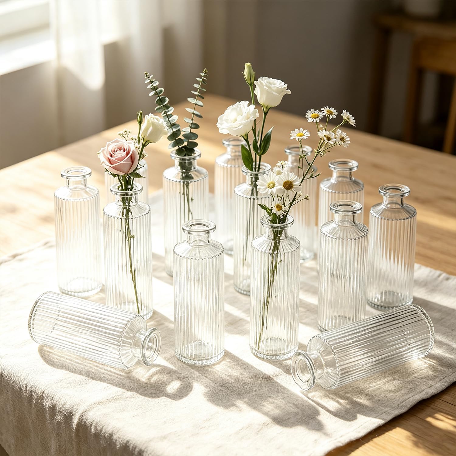 Aldernest 12‑Pack 5.2 Inch Clear Glass Bud Vases, Fluted Ribbed Small Flower Vase Set