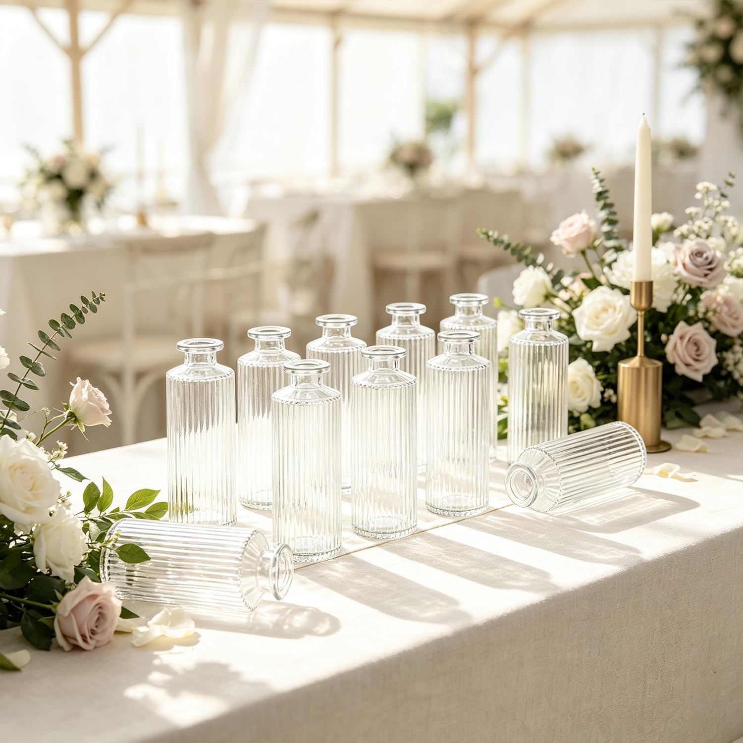 Aldernest 12‑Pack 5.2 Inch Clear Glass Bud Vases, Fluted Ribbed Small Flower Vase Set