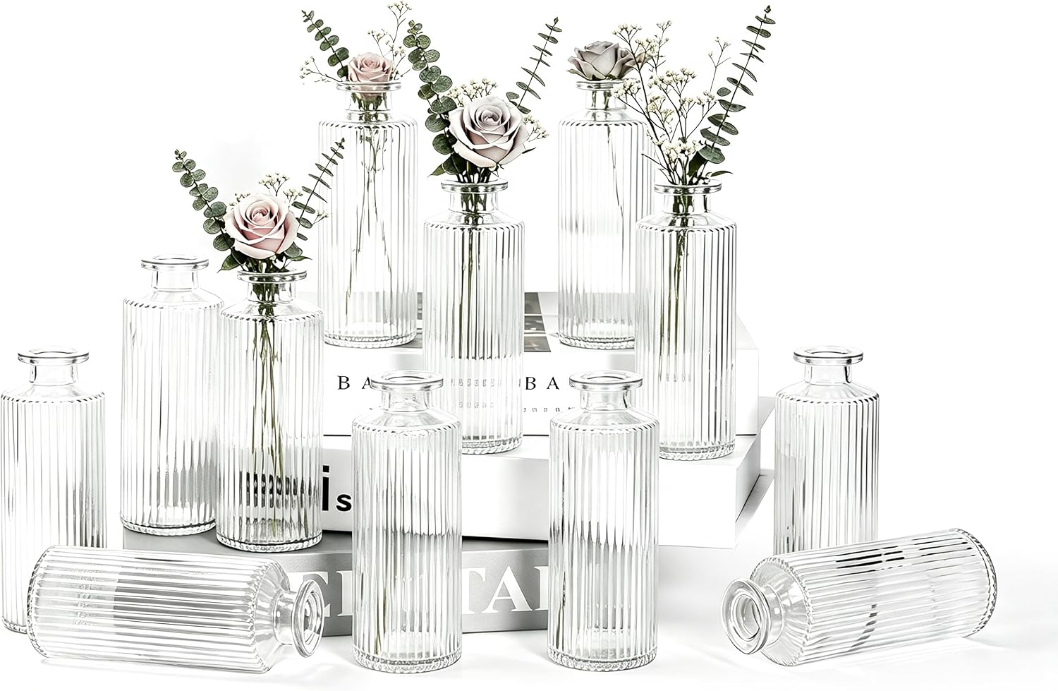 Aldernest 12‑Pack 5.2 Inch Clear Glass Bud Vases, Fluted Ribbed Small Flower Vase Set