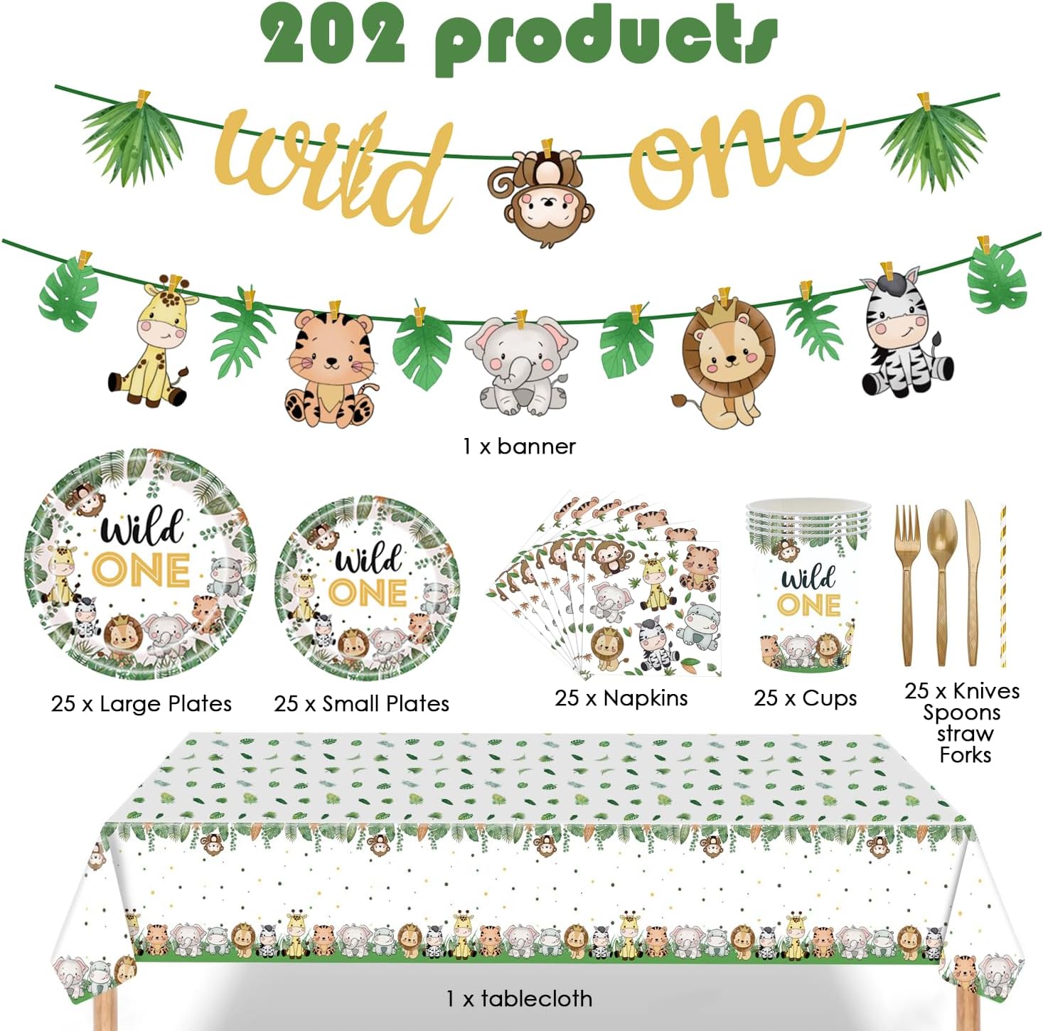 Aldernest Wild One Birthday Decorations 202 Pcs for 25 Guests, Green
