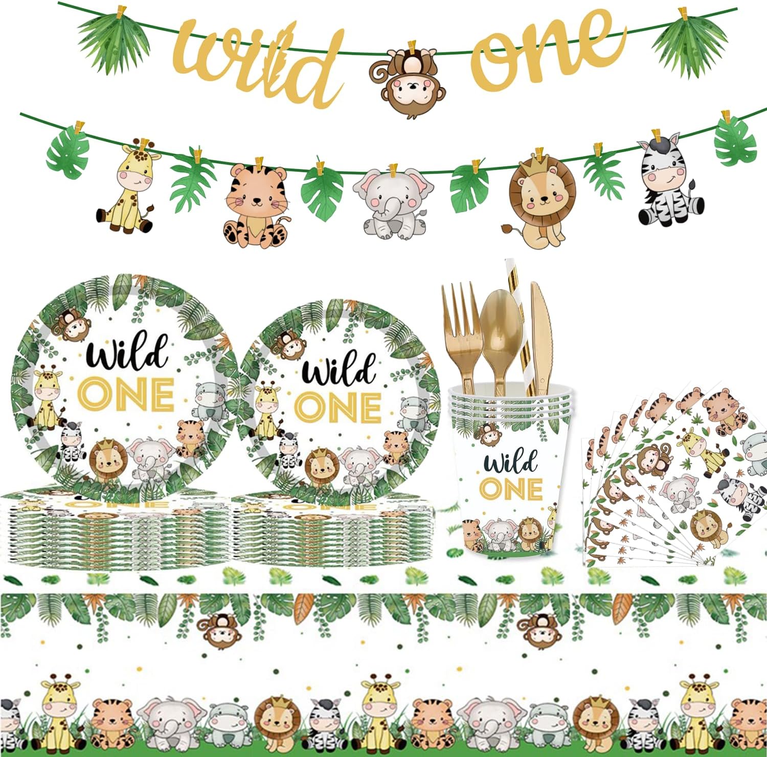 Aldernest Wild One Birthday Decorations 202 Pcs for 25 Guests, Green