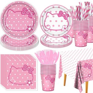 Tanglewick 161PC Pink kittens Birthday Party Supplies Kit - Includes Pink Cat Dot Plates Napkins Cups Tablecloth Straws Forks Spoons Knives for Girls
