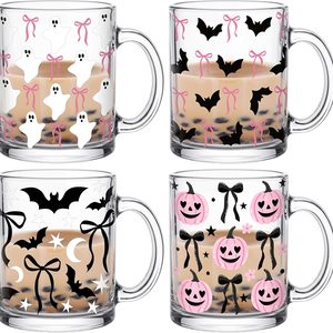 Ashenby 4 Pcs Halloween Coffee Mugs 12 oz Glass Pink Bow, black, pink, white