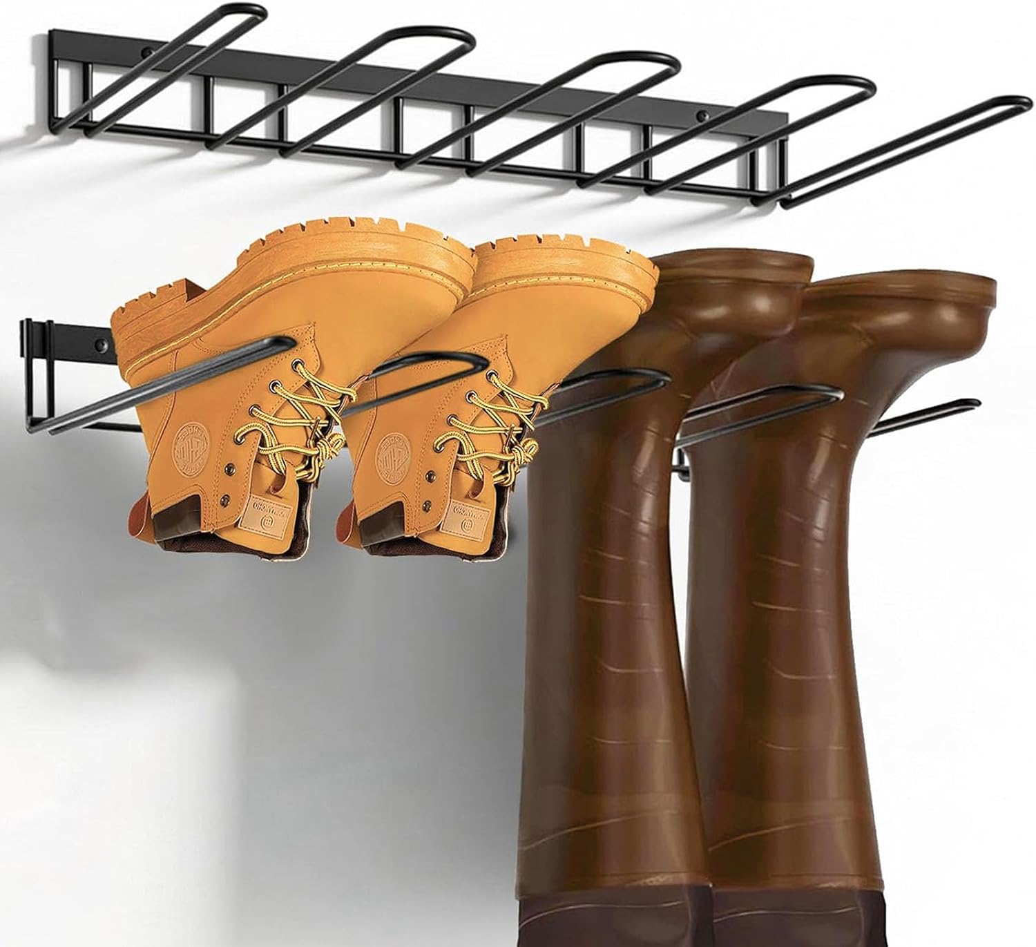 VelloHome Boot Rack - 4-Pair Wader Hangers Wall Mount Sturdy Metal Cowboy Boot Hangers - Wall Boots Holder Storage Organizer for Closet, Entryway