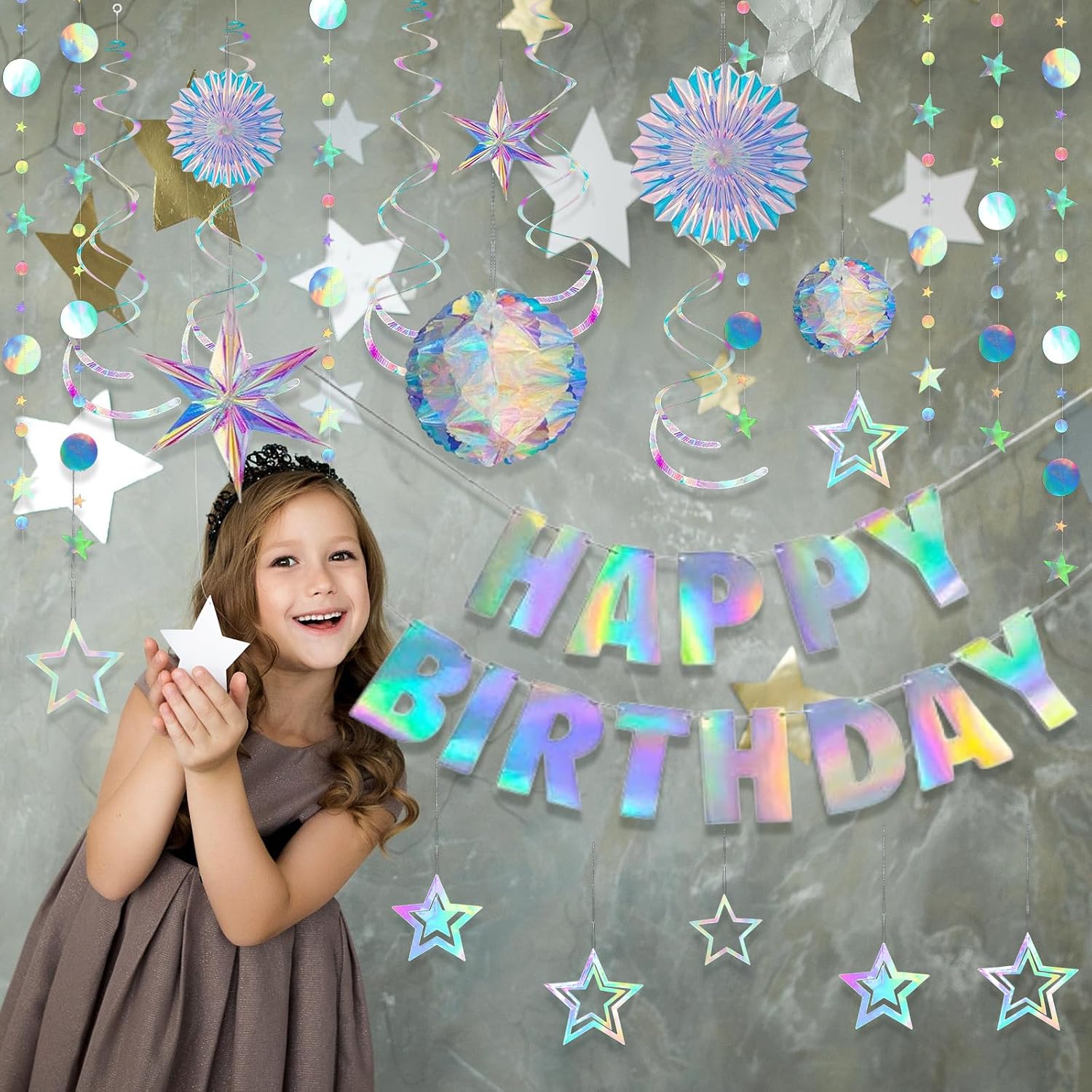 VelloHome 23 Pcs Iridescent Birthday Party Decorations Disco Sparkly Decorations Holographic Party with Mermaid Happy Birthday Banner Hanging