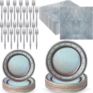 Aldernest 96 Pcs Medieval Party Supplies, Castle Pirate Birthday Party Tableware Set, 1.4 pounds, approx. 9 in and 7 in, retro gray
