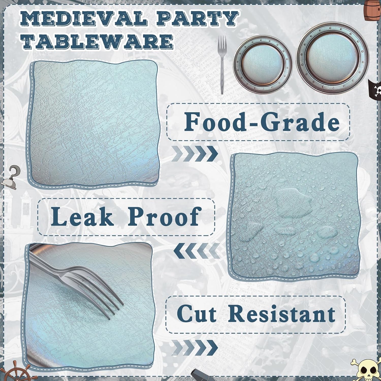 Aldernest 96 Pcs Medieval Party Supplies, Castle Pirate Birthday Party Tableware Set, 1.4 pounds, approx. 9 in and 7 in, retro gray
