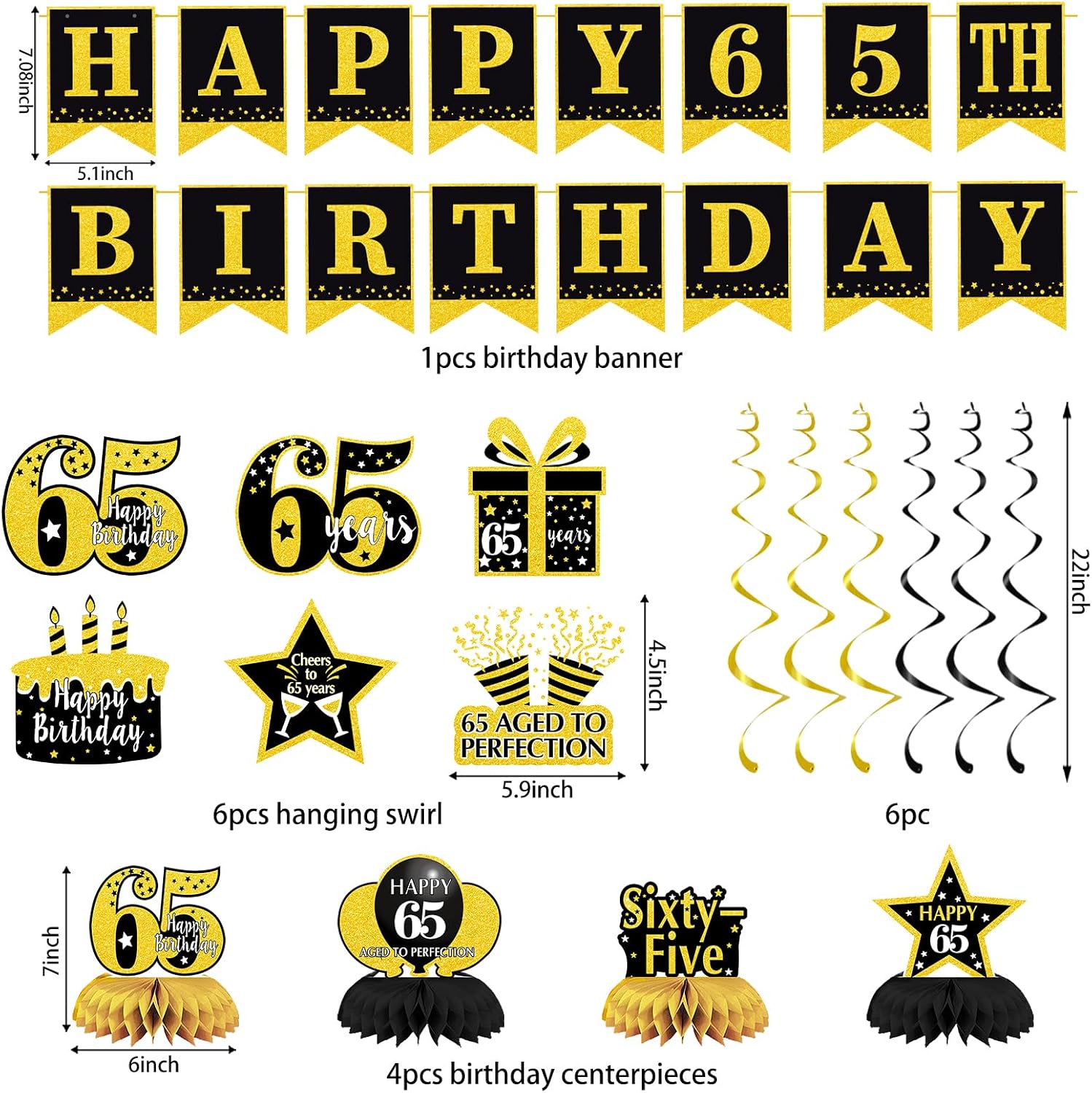 Aldernest Black Gold 65th Birthday Decorations for Men Women