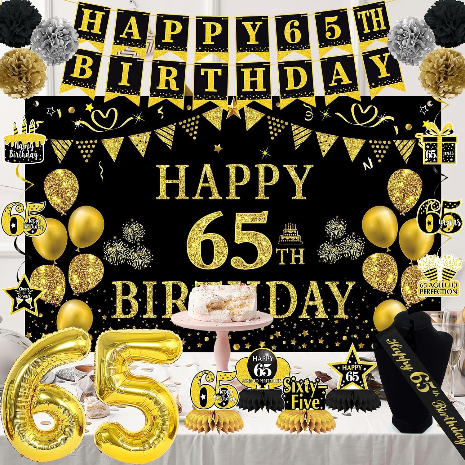 Aldernest Black Gold 65th Birthday Decorations for Men Women
