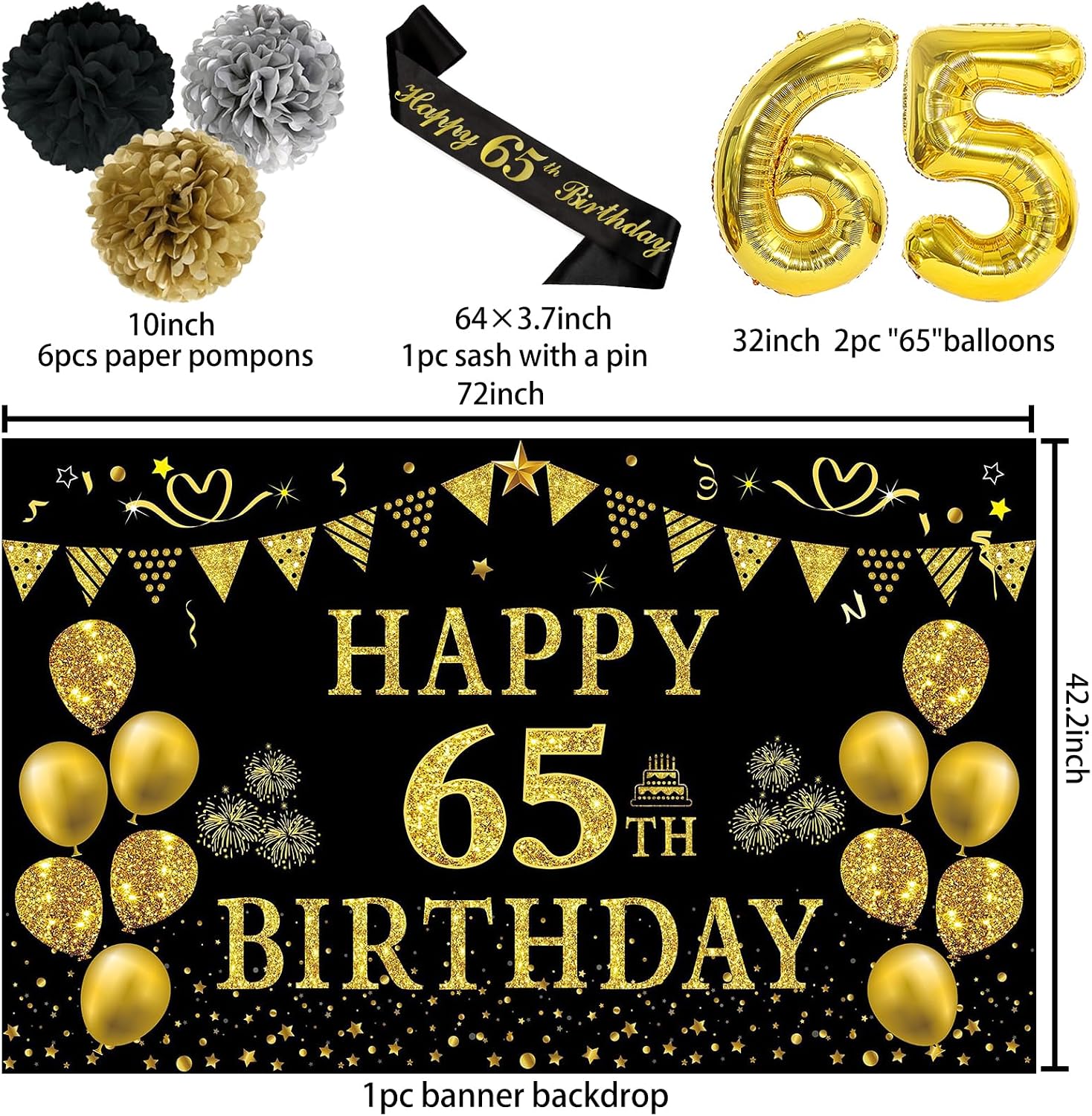 Aldernest Black Gold 65th Birthday Decorations for Men Women