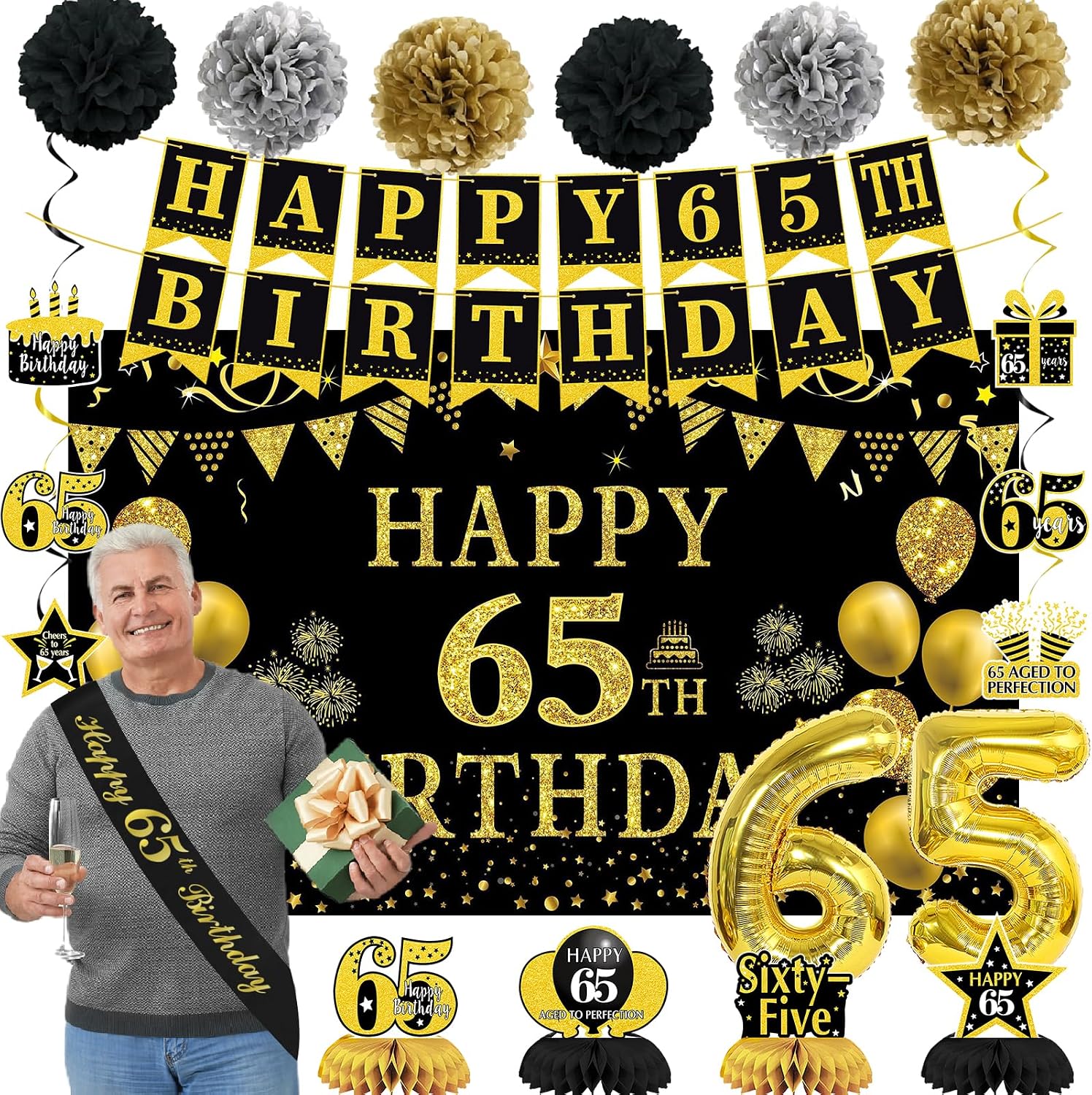 Aldernest Black Gold 65th Birthday Decorations for Men Women