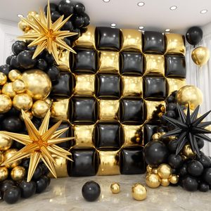 VelloHome 36pcs Gold and Black Square Foil Balloons Wall Backdrop with 147pcs Balloon Garland Arch Kit