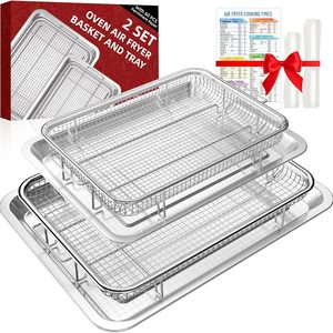Aldernest Air Fryer Basket for Oven, Oven Air Fryer Basket and Tray with Cooking Guide, 2SETS, SILVER- L+M