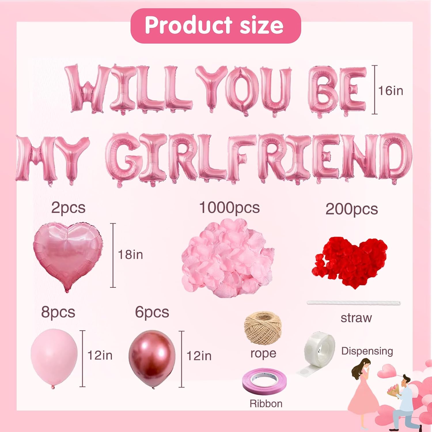 Aldernest Pink 16" Will You Be My Girlfriend Balloons Letters - 18" Heart Balloons Alphabet Foil Mylar Balloons with 1200 Pcs Artificial Rose Petals