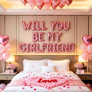 Aldernest Pink 16" Will You Be My Girlfriend Balloons Letters - 18" Heart Balloons Alphabet Foil Mylar Balloons with 1200 Pcs Artificial Rose Petals