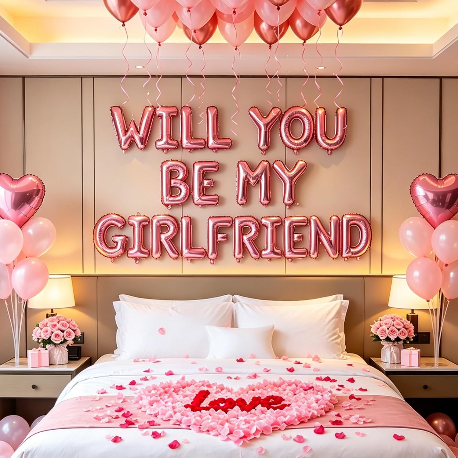 Aldernest Pink 16" Will You Be My Girlfriend Balloons Letters - 18" Heart Balloons Alphabet Foil Mylar Balloons with 1200 Pcs Artificial Rose Petals