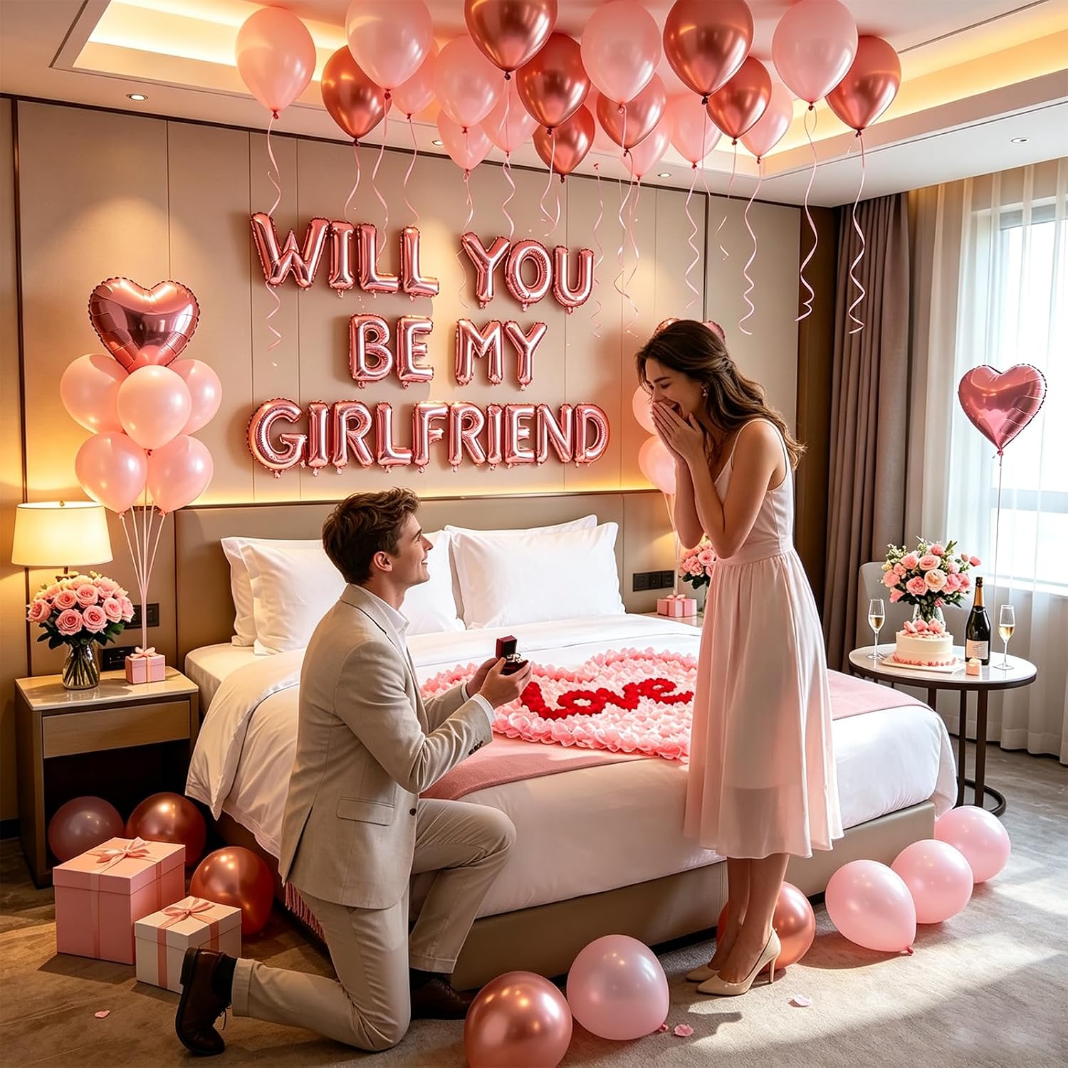 Aldernest Pink 16" Will You Be My Girlfriend Balloons Letters - 18" Heart Balloons Alphabet Foil Mylar Balloons with 1200 Pcs Artificial Rose Petals