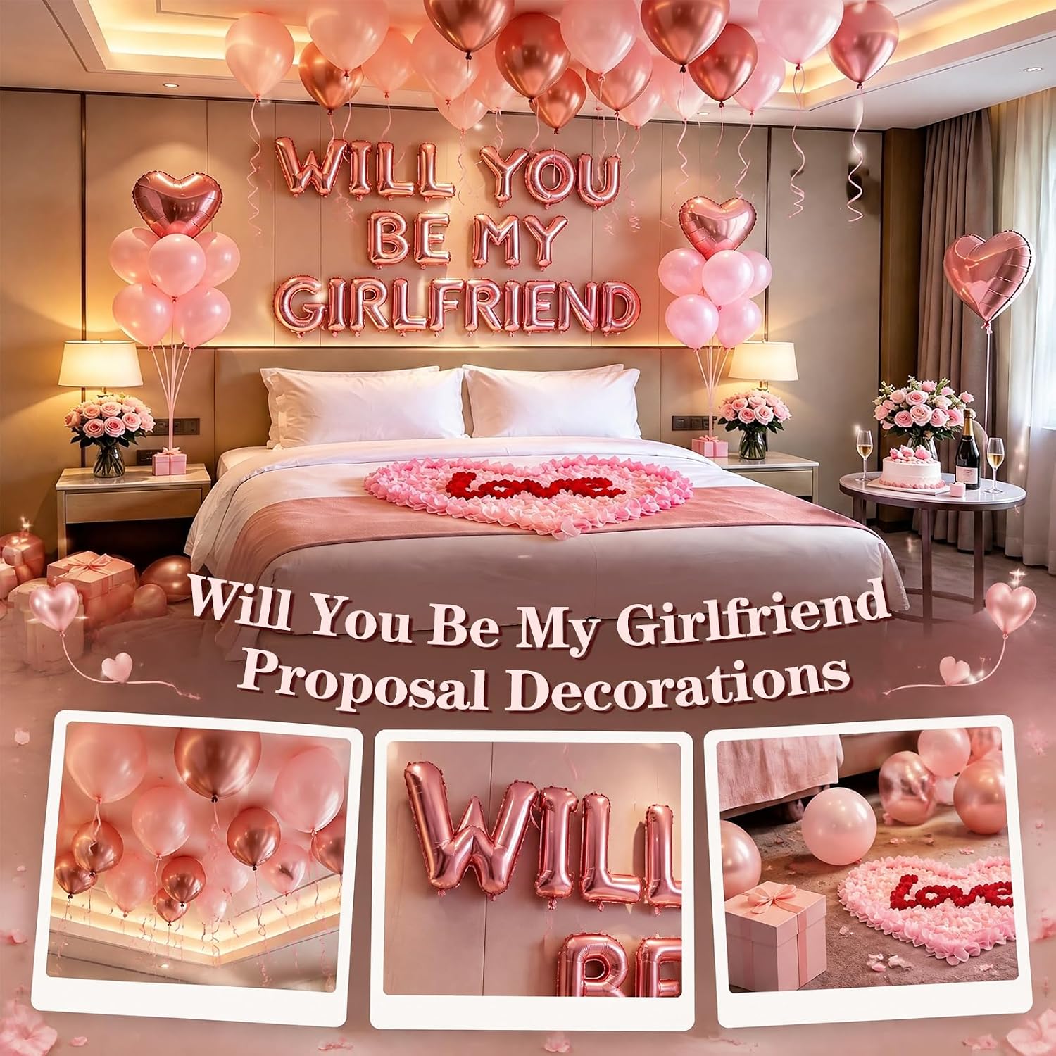 Aldernest Pink 16" Will You Be My Girlfriend Balloons Letters - 18" Heart Balloons Alphabet Foil Mylar Balloons with 1200 Pcs Artificial Rose Petals