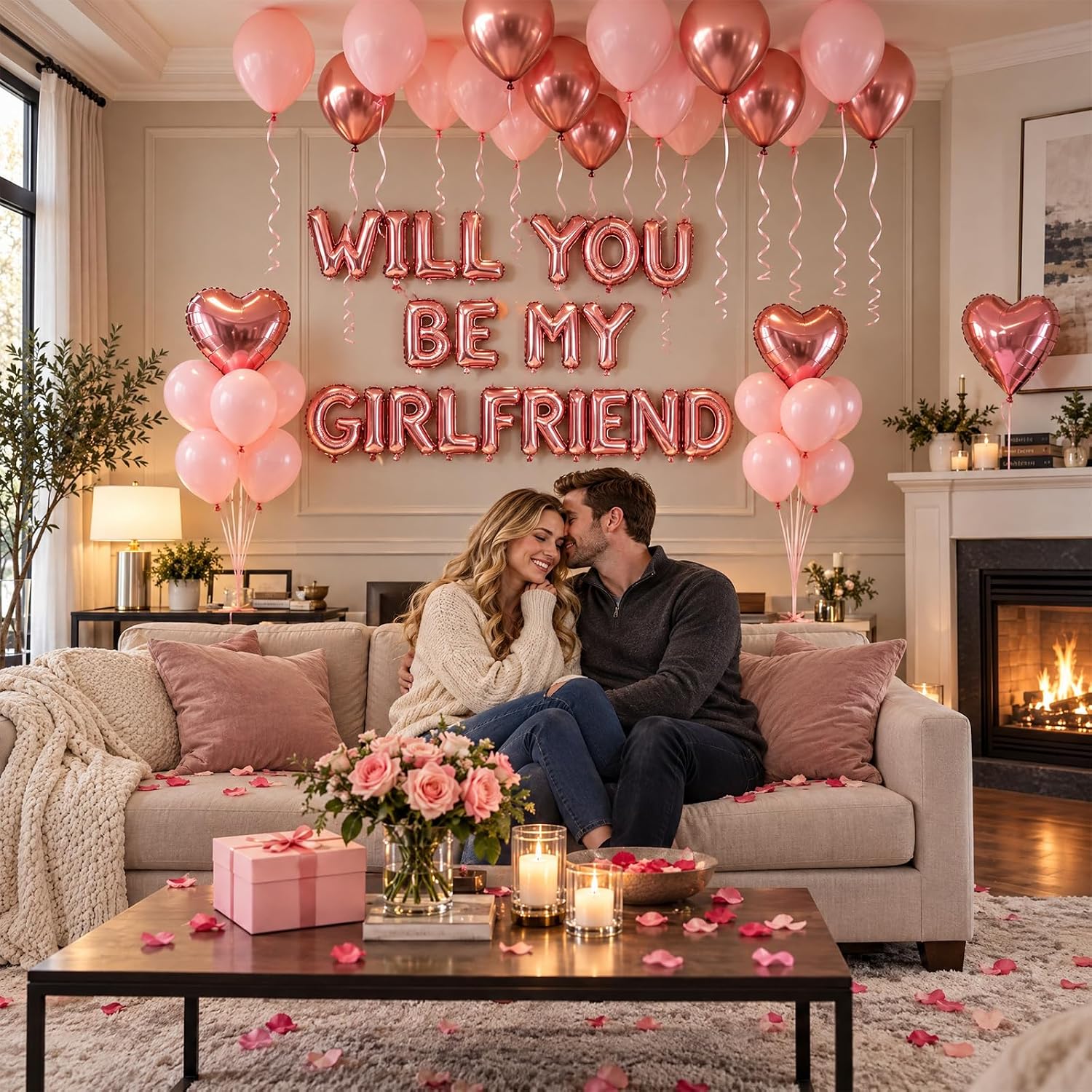Aldernest Pink 16" Will You Be My Girlfriend Balloons Letters - 18" Heart Balloons Alphabet Foil Mylar Balloons with 1200 Pcs Artificial Rose Petals