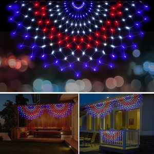 Rowanmere 3 Packs American Flag Lights Outdoor - 4x2 FT Half Fan Shape Patriotic Net Light with 8 Modes, 450 LED Waterproof Red White and Blue Lights