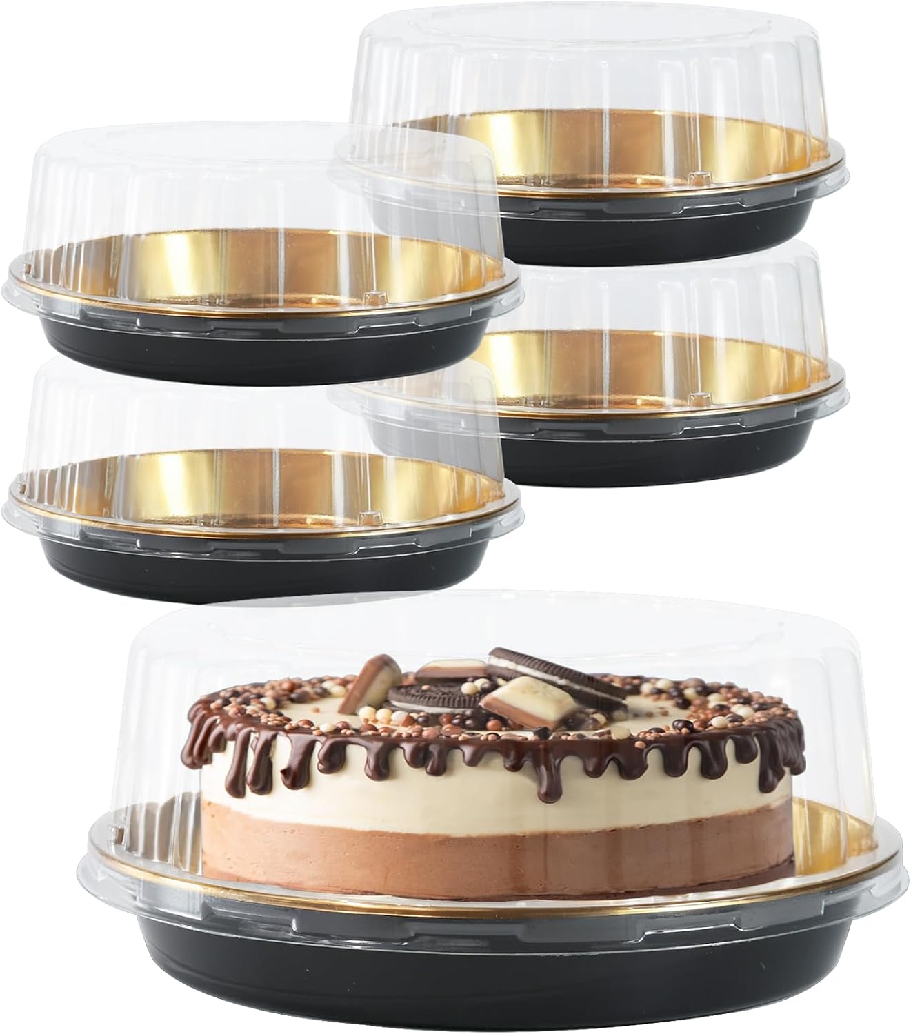 Ashenby 5Pack 10inch Round Clear +Gold Cake Carriers for Transport Plastic Cake Containers Carriers with Dome Lids and Cake Boards Clear Bundt Cake